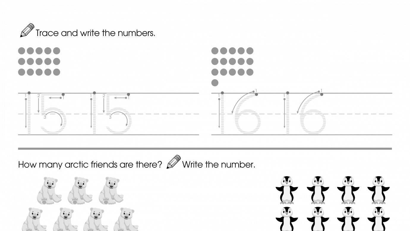 Trace & Write 15-16, Then Count & Write