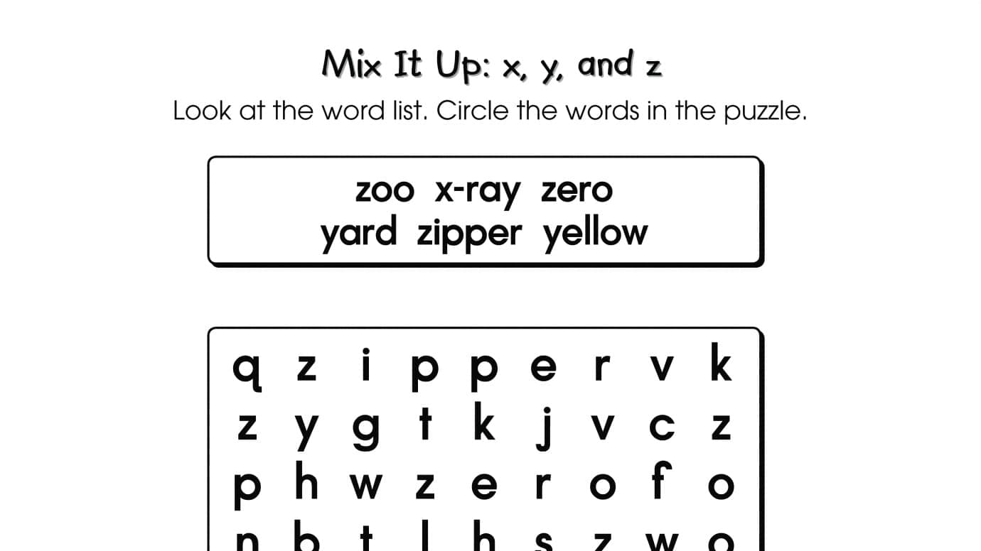Word Search Puzzle x, y, And z Words