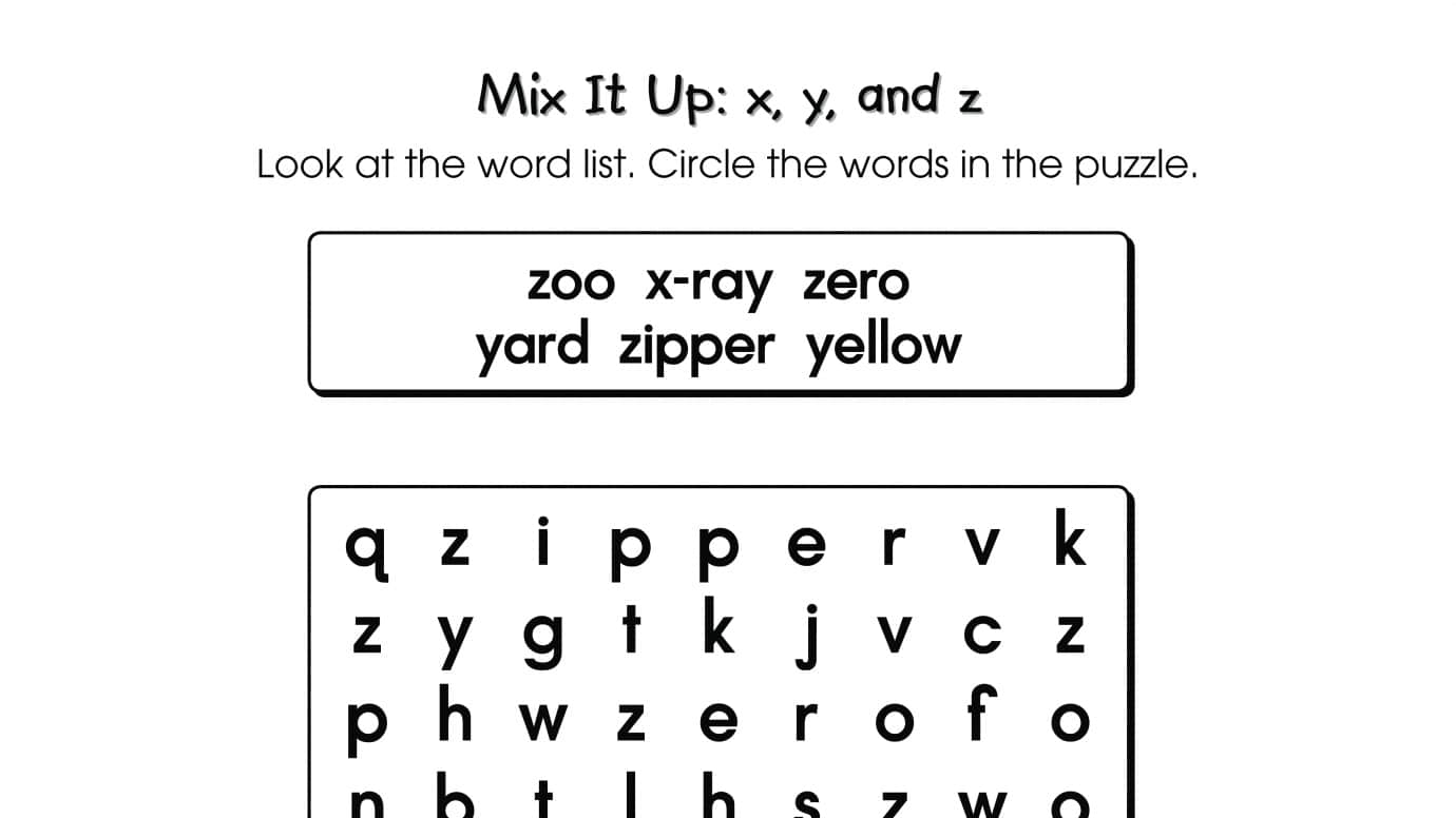Word Search Puzzle x, y, And z Words