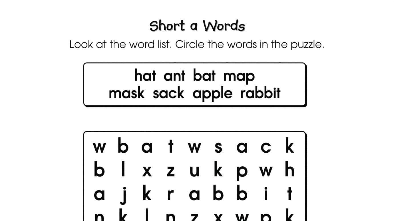 Word Search Puzzle Short a Words