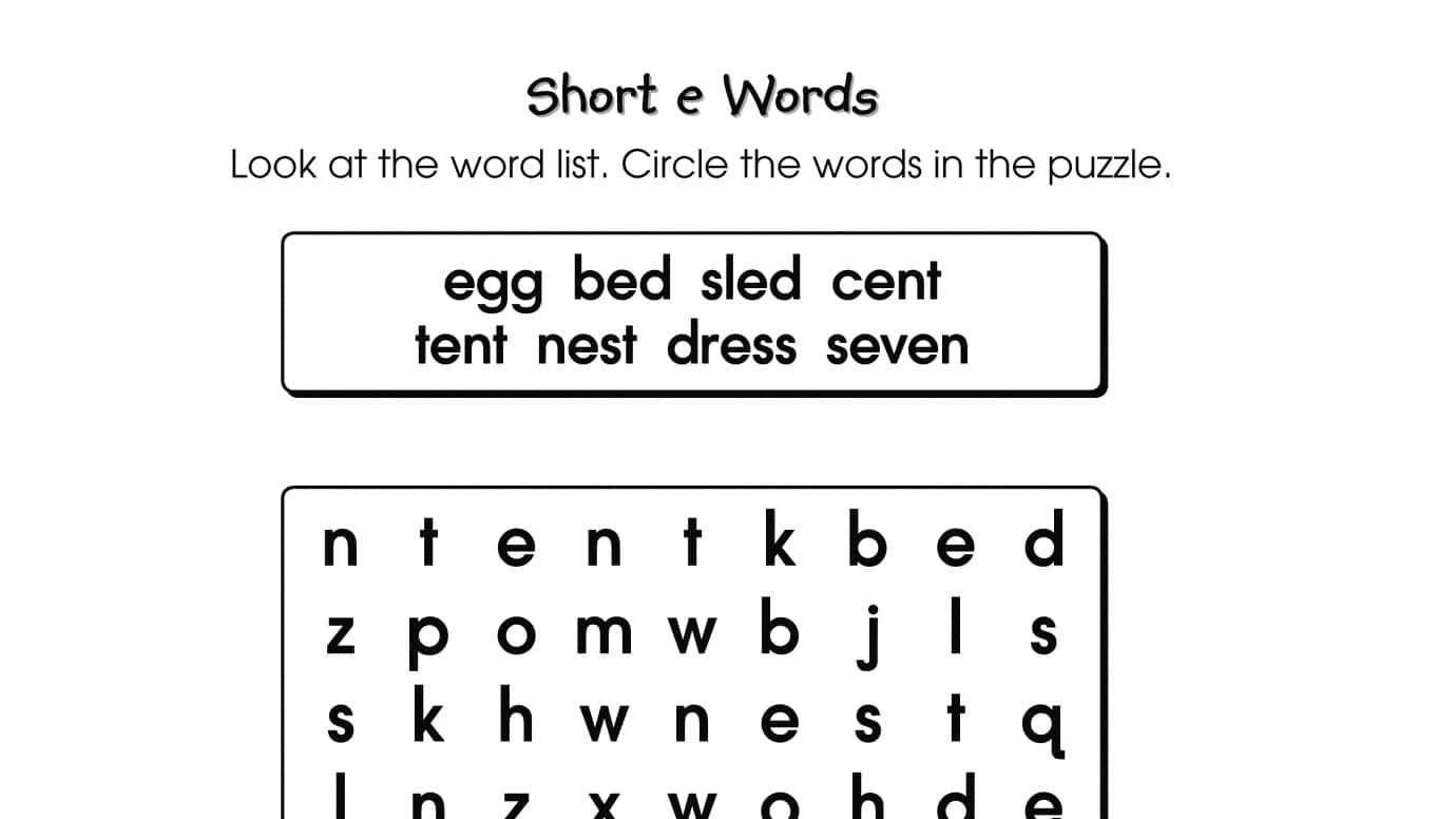 Word Search Puzzle Short e Words