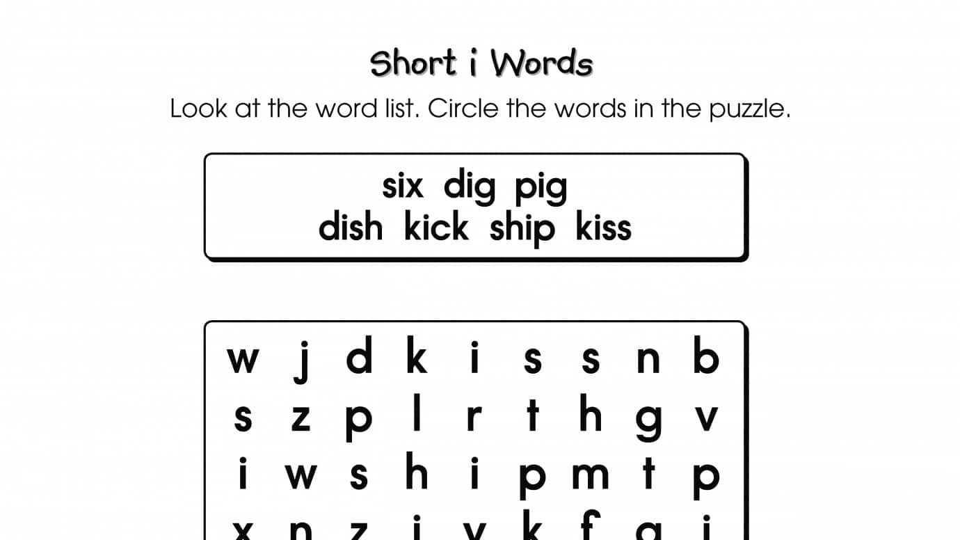 Short I Word Search Printable