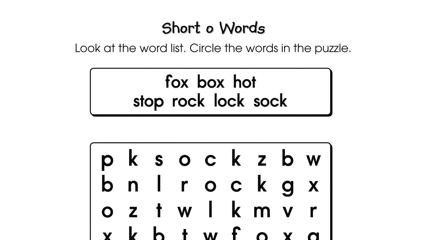 Word Search Puzzle Short o Words