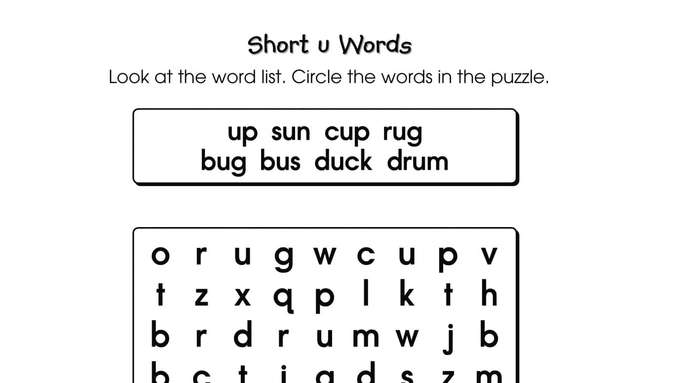 Word Search Puzzle Short u Words
