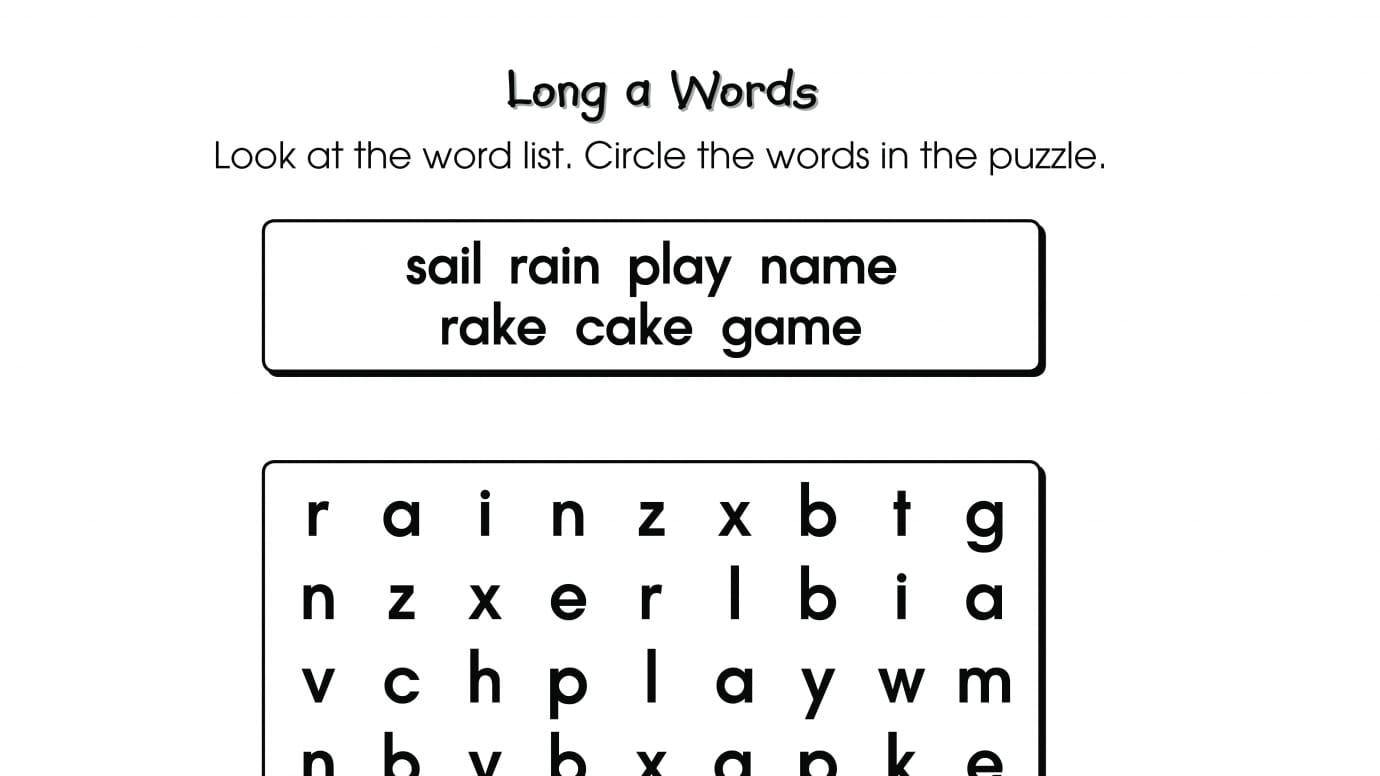 Word Search Puzzle Long a Words