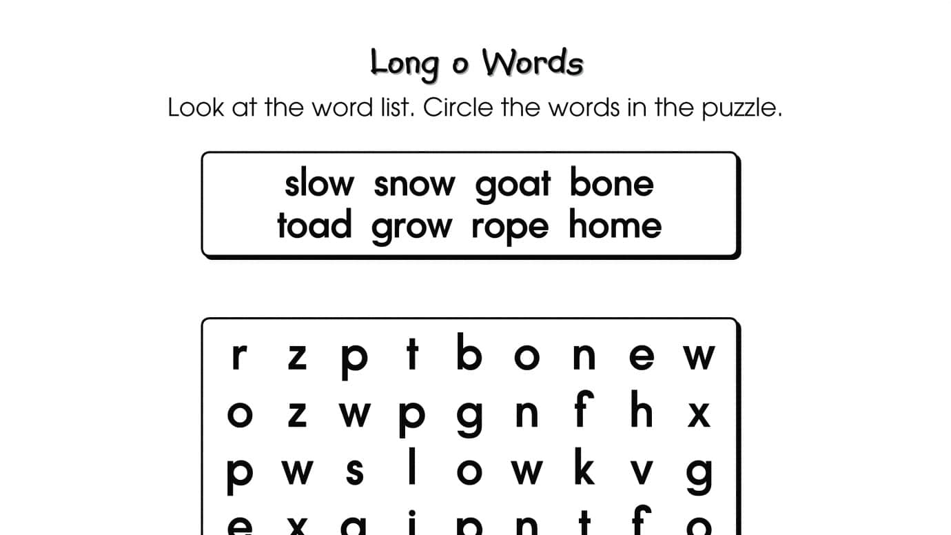 Word Search Puzzle Long o Words