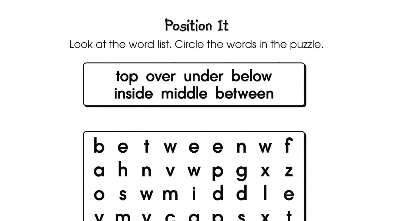 word search puzzle positional words printable activities