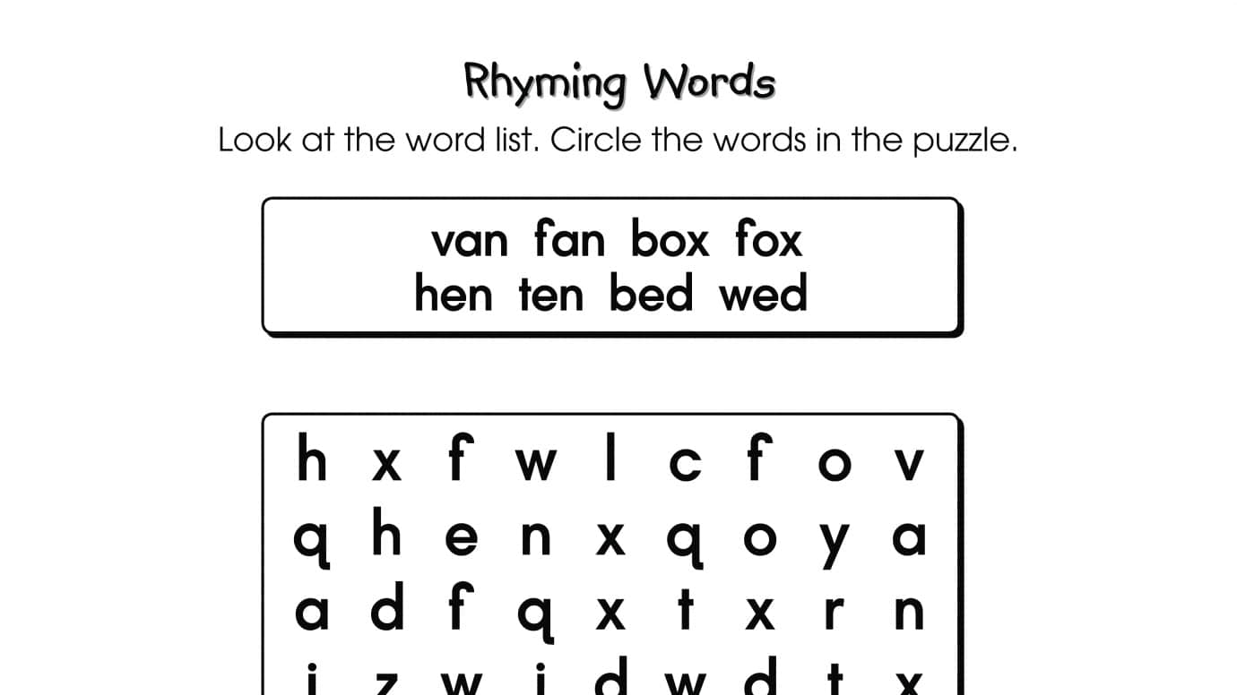 Word Search Puzzle Rhyming Words