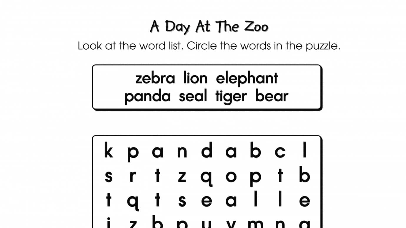 Word Search Puzzle A Day at the Zoo