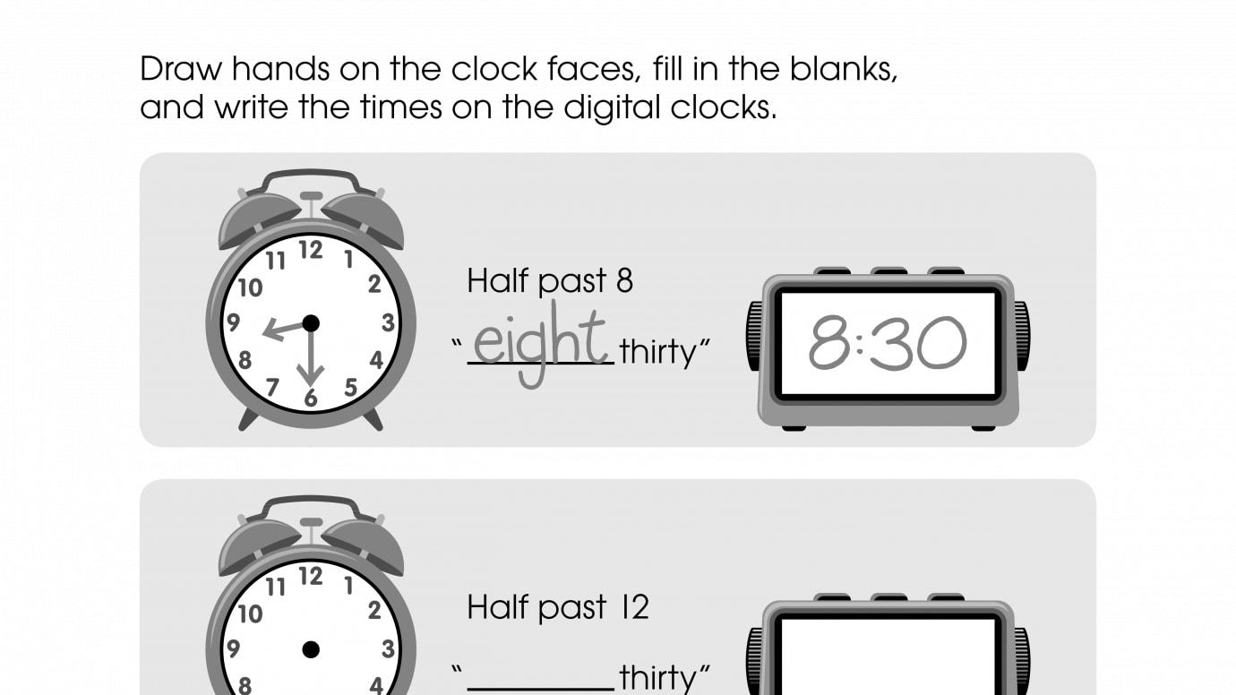Draw the Clock Hand, Fill in the Blank, and Write the Time