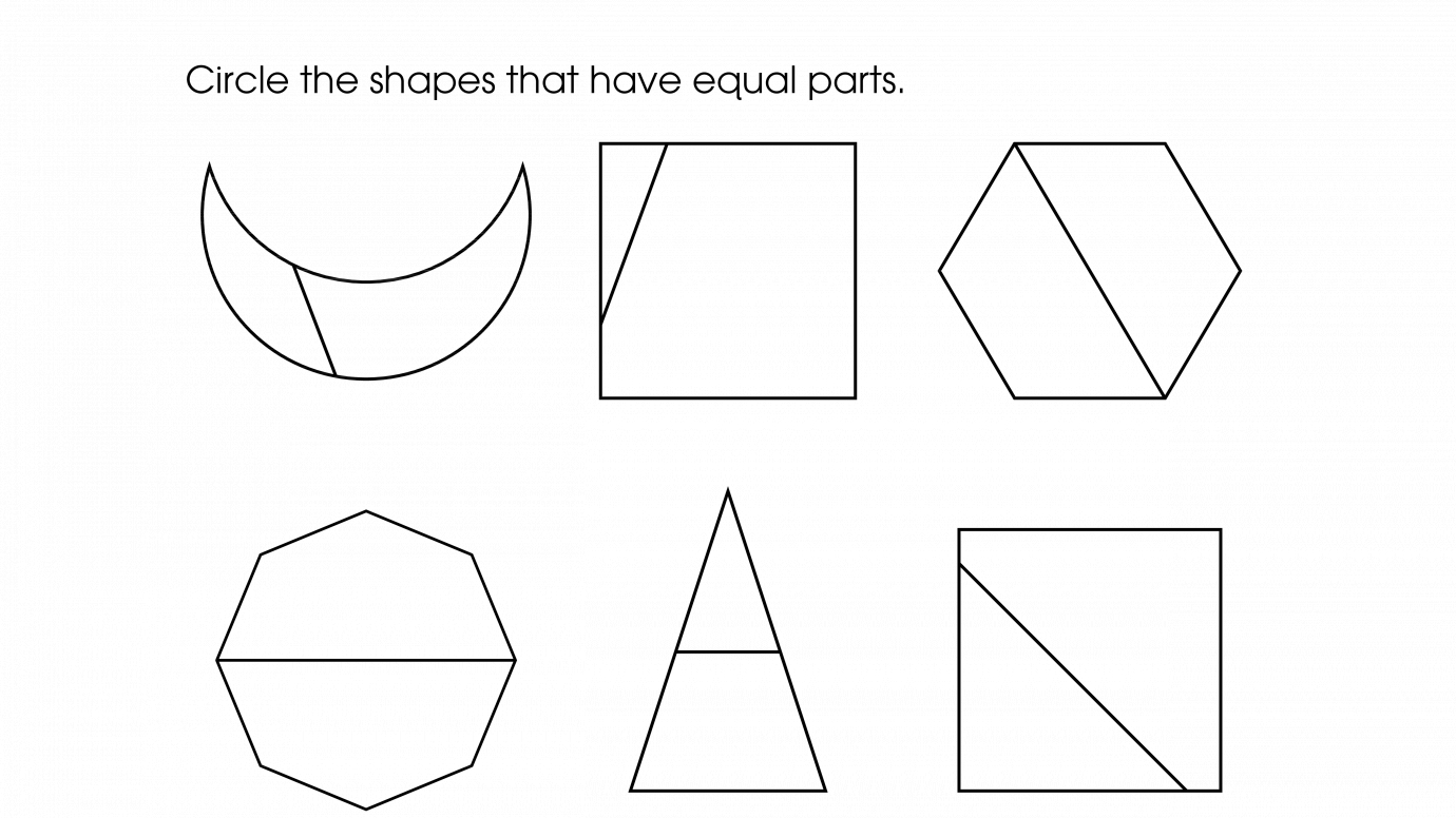 Circle Equal Parts & Write 1/2 Fractions