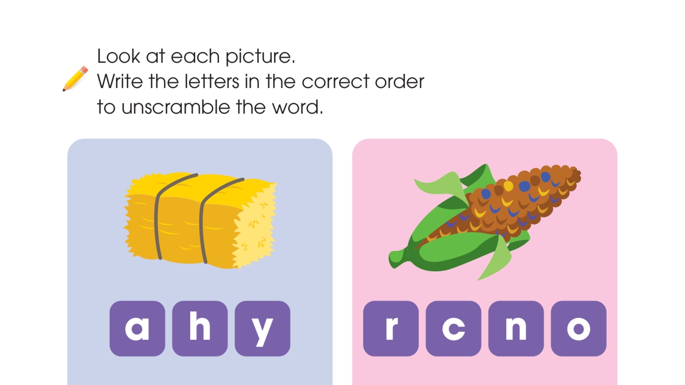 Unscramble Words: hay corn rake leaf