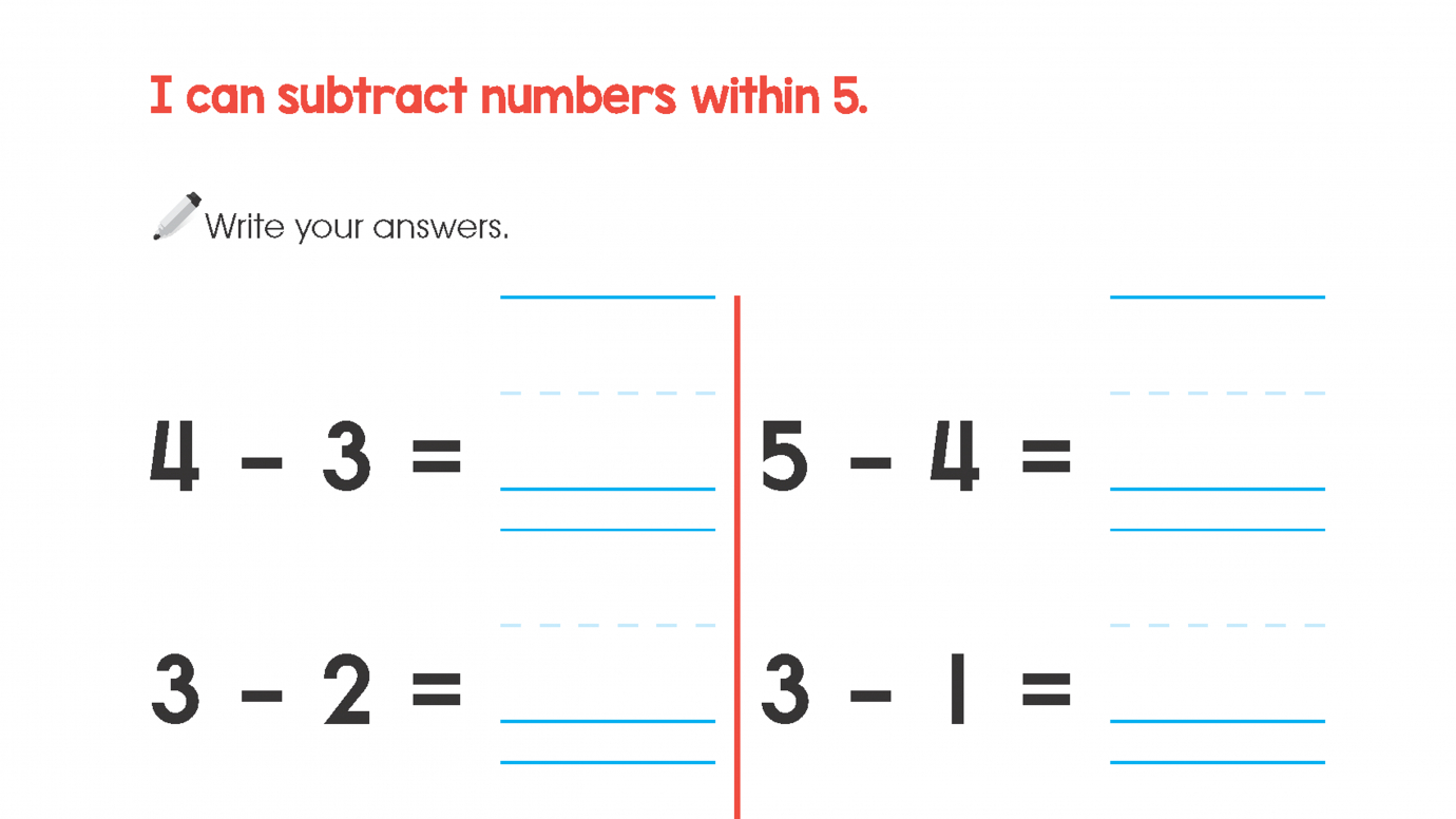 Subtract Numbers Within 5: Set 2
