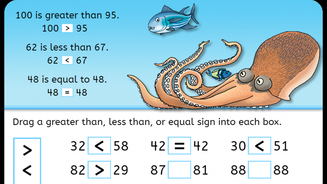 Comparing Two, 2-Digit Numbers Using Symbols > = < : 1st