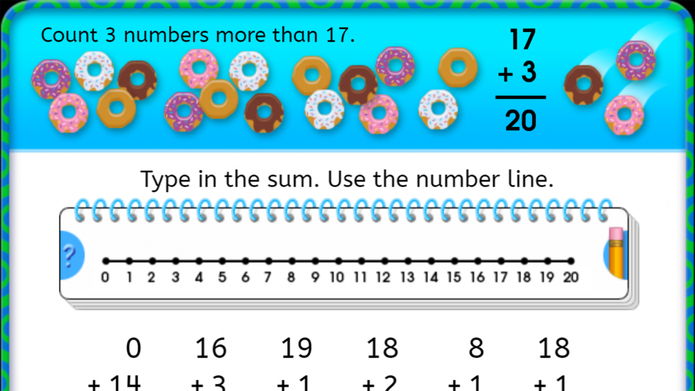 Addition: Use the Number Line: Add Two-digit & One-digit Numbers to 20: 1st