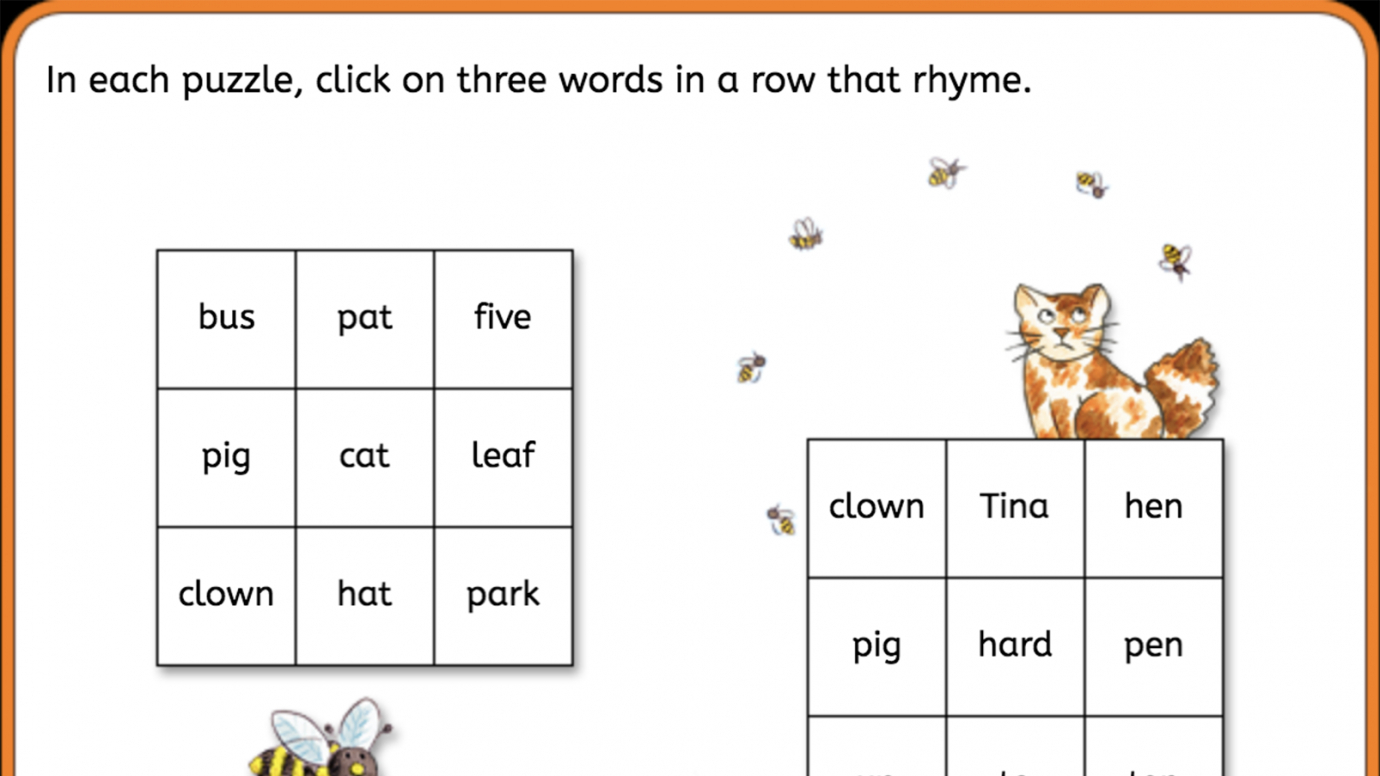 Three In A Row: Rhyming Words: Kindergarten