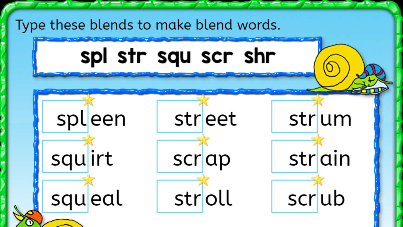 Type Three Letter 'S' Blends to Finish the Words